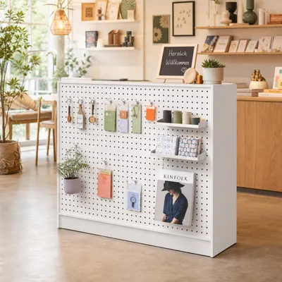 Produktbild von Empfangstheke, Rezeptionstheke mit Lochwand, Empfangstresen, Salon Empfangstheke, Kassentheke, Empfangstisch, Büro, Weiß, MDF, 120 x 110 x 50 cm