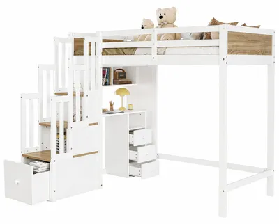 Produktbild von Hochbett mit Schreibtisch und Regal, 90x200 cm, Kinderbett mit Rausfallschutz und Treppe, Jugendbett