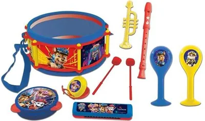 Produktbild von Pat' Patrouille Musikinstrumente Set, 7 Instrumente, Trommel mit Schlägeln, Maracas, Tamburin, Kastagnette, Mundharmonika, Flöte, Trompete