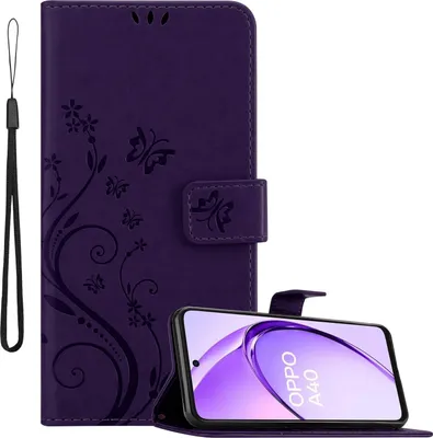 Produktbild von Cadorabo Hülle für Oppo A40 Hülle in FLORAL DUNKEL LILA Schutzhülle im Blumen Design mit Magnetverschluss, Standfunktion und Kartenfächern Book Case Cover