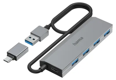 A USB hub with multiple ports and a USB-C adapter, presented on a white background.