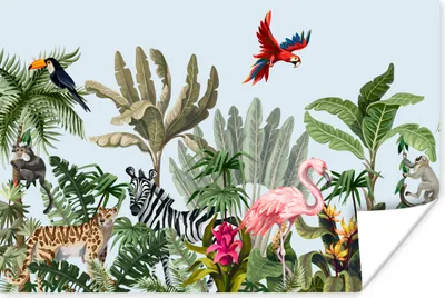 Produktbild von MuchoWow® Poster Dschungel - Flamingo - Affe - Jungen - Mädchen - Kinder 30x20 cm - Plakate - Print
