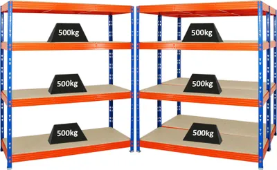 Produktbild von Mega Deal | 3x Profi Schwerlastregal Rhino | HxBxT 180x160x60cm | 4 Spanplatten-Ebenen 16mm | Fachlast 500kg | Blau-Orange