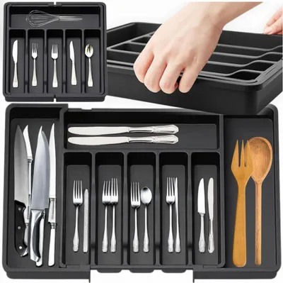 Immagine prodotto di Organizzatore di cassetti per posate, inserto estraibile per cucina, nero