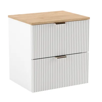 Produktbild von WENA Waschtischunterschrank 60 cm, geriffelte Fronten, Griffe aus Metall in der Farbe Gold mit Holzplatte (Farbe: Weiß)