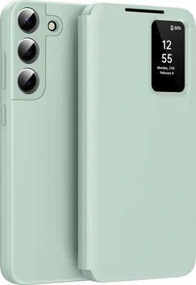Obrázek produktu pro Kožené flipové pouzdro pro Samsung Galaxy S22, obal s funkcí Smart View okna a přihrádkou na karty Zelený