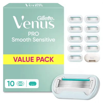 Immagine prodotto di Lame Gillette Venus Pro Smooth Sensitive da donna, 10 lame di ricambio originali per rasoi da donna, rasoi a umido da donna per pelli sensibili — Incl. cappuccio da viaggio 10 lame + cappuccio
