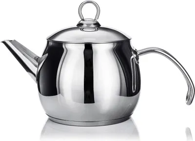 A shiny, silver teapot with a lid and a handle, set against a plain white background.