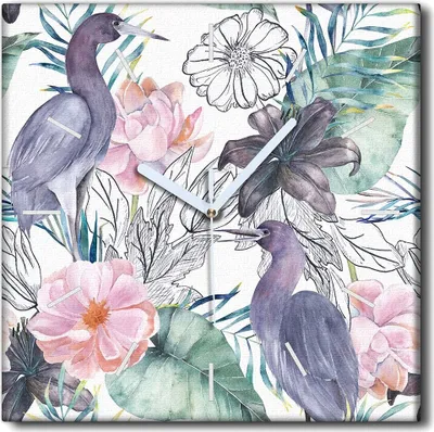 Produktbild von Coloray Uhr auf Leinwand 30x30 cm Wand Uhr Dekoration Wohnzimmer Segeltuch weiße Zeiger -Tropen Tiere Vögel