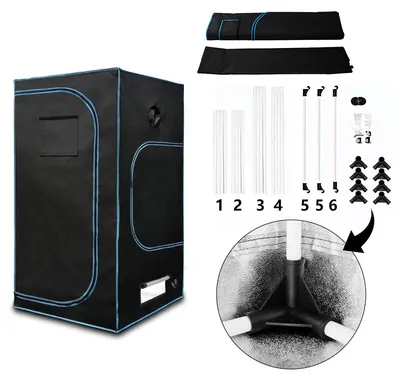 Produktbild von Growbox Pflanzenzelt - 100 x 100 x 200 cm - Oxford-Gewebe - Sichtfenster - Erhöhte Bodenwanne - Werkzeugset - Schwarz