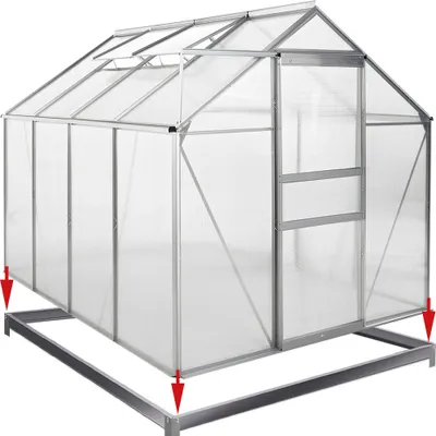 A greenhouse frame is shown with red arrows indicating where it connects to a base.