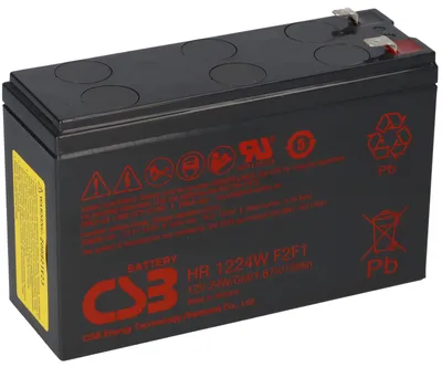 A black lead-acid battery with red text and symbols on a white background.