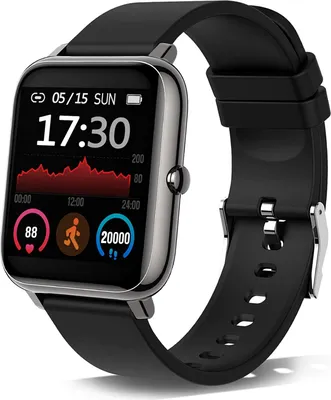 A close-up studio shot of a black smartwatch with a silver bezel, displayed against a white background.