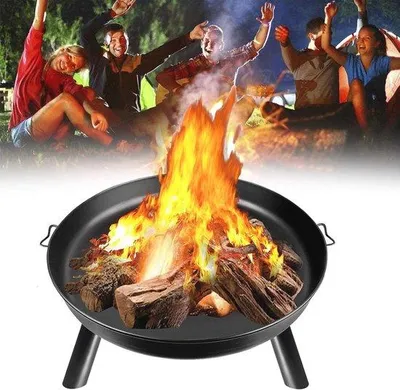 Produktbild von Famanu Feuerstelle für Außen, Ø 76 cm, runde Feuerstelle mit Stativ und Griffen, Gusseisen, Schwarz