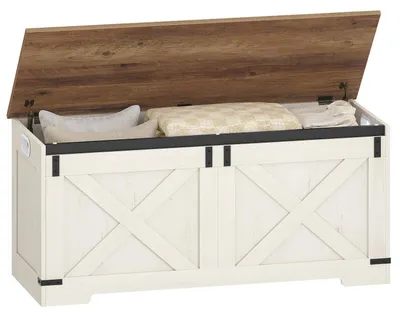 Image de Banc avec rangement, style rustique, blanc et marron, 109 cm