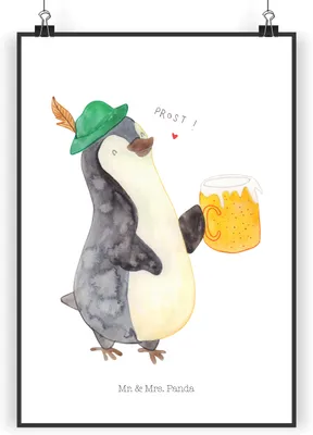 Produktbild von Mr. & Mrs. Panda Bild Pinguin Bier DIN A5 - Weiß - Geschenk, Wandbild, Pinguine,  2023, drucke, Plakat, wanddeko, kunstdruck poster, Beschwippst