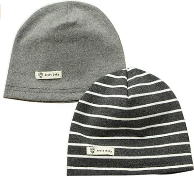 Produktbild von Baby Jungen Beanie Mütze Kinder Weiche Baumwolle Strickmützen Kleinkind Gestreift Hut 2 Stücke, Dunkelgrau M(43-48cm)