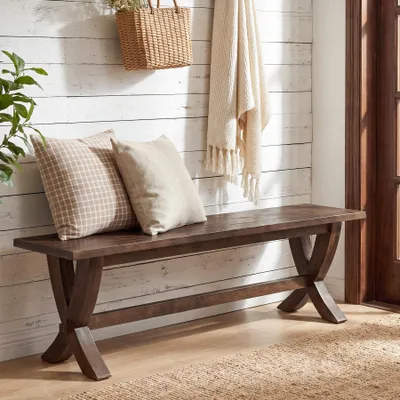 Immagine prodotto di Banco d'ingresso in legno massello lungo 150 cm, mobiletto per scarpe in stile rustico, panche con gambe a forma di X, poggiapiedi lunghi, seduta rustica