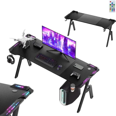 Image de TWOLIIN Bureau de jeu 160 x 60cm Table de gamer en fibre de carbone de forme A Table d'ordinateur avec lumi?re LED RGB, bureau d'angle ergonomique avec crochet pour casque et porte-gobelet