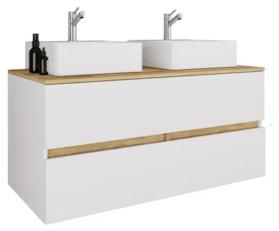 Image de Ensemble vasque double Cosila 3 pièces avec 2 vasques en céramique – meuble de salle de bain avec 2 tiroirs à fermeture amortie, dimensions de l'ensemble : H. 51 x L. 111 x P. 51 cm, Cosila-A
