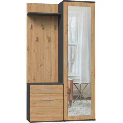 A wardrobe set with a mirror and coat hooks.