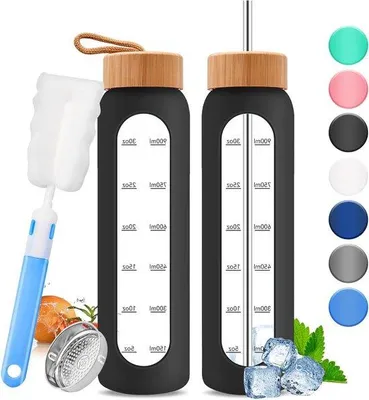 Produktbild von Famanu Wasserflasche mit Zeitmarkierung - 32 oz 1000 ml - motivierende Fitnessflasche mit Edelstahlstrohhalm