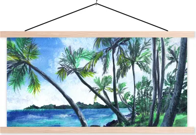 Produktbild von MuchoWow® Textilposter Palme - Wasser - Himmel 150x75 cm mit holzfarbenen Rahmen - Plakate