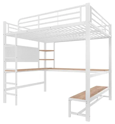 Immagine prodotto di Letto a castello - Struttura in metallo - 90 x 200 cm - Scrivania - Scala con ringhiera di sicurezza - Porta USB/USB-C e striscia LED - Pannello forato con spazio contenitivo - Bianco, senza materasso