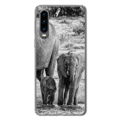 Produktbild von MuchoWow® Handyhülle Schutzhülle Hülle für Huawei P30 Elefant - Wasser - Tiere - Schwarz - Weiß Silikon Softcase Handy Hülle - Kartenbesitzer