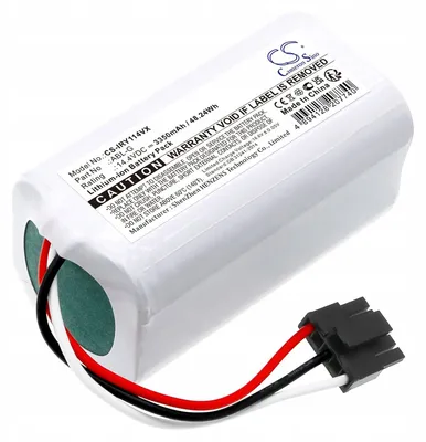 A white lithium-ion battery pack with a black connector and colored wires.