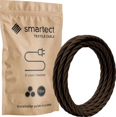 A brown textile power cable is shown next to its packaging.