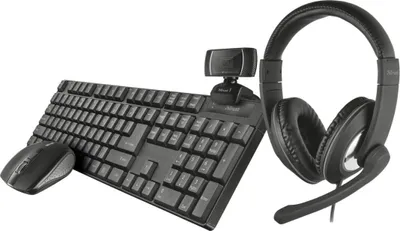Produktbild von Trust, 4-in-1-Paket für den Schreibtisch mit Tastatur, Maus, Kopfhörer und Webcam., Schwarz