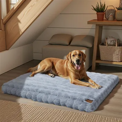 A golden retriever dog is lying on a large, plush gray dog bed in a cozy, attic-like room with wooden beams and a window.