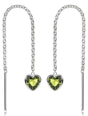 Silberne Durchzieher-Ohrhänger mit Kette und herzförmigem, grünem Zirkonia-Anhänger – modern, elegant und verspielt.