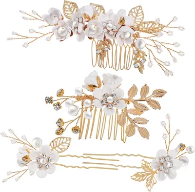 Produktbild von Blumen-Haarschmuck mit U-förmigen Haarnadeln, Perlen und Strass für Damen und Blumenmädchen