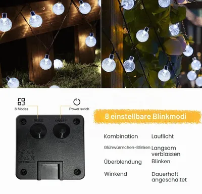 Immagine prodotto di Catena luminosa solare LQWELL® da esterno, 10 metri, 40 LED, 8 modalità, per interni ed esterni, con sfere di cristallo, grado di protezione IP44, impermeabile, ideale per giardino, terrazza, balcone, matrimoni, feste e finestre (bianco)