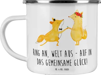 Produktbild von Mr. & Mrs. Panda Emaille Tasse Verlobung Glück - Weiß - Geschenk, Brautpaar, gemeinsames, Welt aus, Liebe, Heirat, becher, Teetasse, Pott, romantisch, Haferl, Geschenke