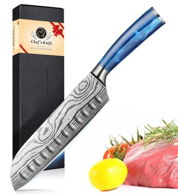 Obrázok produktu pre Santoku nôž – kuchársky nôž – 18 cm. Čepeľ z uhlíkovej ocele, rukoväť z nehrdzavejúcej oceli. Extra ostrá čepeľ (>60°). Vhodný pre profesionálnych aj amatérskych kuchárov