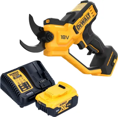 A DeWALT cordless pruning shear set including the shear, a battery, and a charger, displayed on a white background.