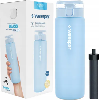 Obrázok produktu pre Fľaša na vodu s filtrom Wessper, fľaša z borosilikátového skla 680 ml, fľaša na vodu bez obsahu Bpa s filtrom na perlivé nápoje | Vonkajšia filtračná fľaša, filter s aktívnym uhlím a slamkou modrá