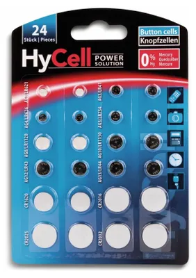 Produktbild von HyCell 24x Knopfzellen-Sparset, CR2032, CR2025, CR2016, ideal für Autoschlüssel und Spielzeug