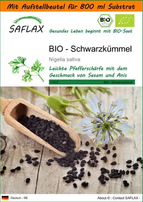Produktbild von SAFLAX Garden in the bag - BIO - Schwarzkümmel - Nigella sativa - 300 Samen - Mit Anzuchtsubstrat im praktischen, selbst aufstellenden Beutel