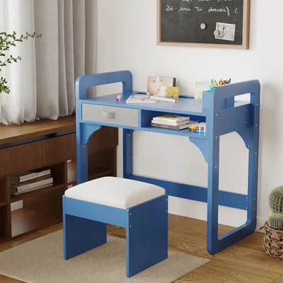 Image de Bureau pour enfant avec chaise - Ensemble à hauteur réglable - Chaise ergonomique - Structure en bois - Avec tiroir et étagères - Pour les enfants de 3 à 8 ans - Bleu