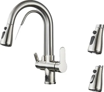 Immagine prodotto di Rubinetto da cucina, bocca estraibile, doppia maniglia, nichel spazzolato