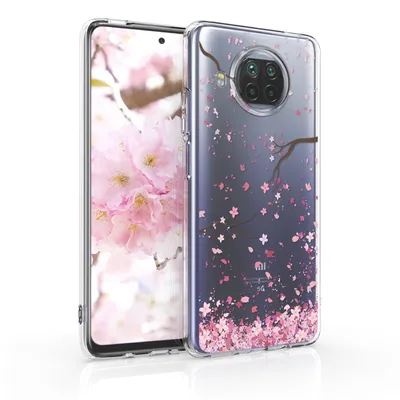 Produktbild von kwmobile Case kompatibel mit Xiaomi Mi 10T Lite - Hülle Silikon transparent Kirschblütenblätter Rosa Dunkelbraun Transparent