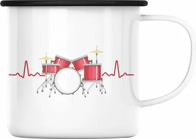 Produktbild von Trendation - Schlagzeug-Spieler Herzschlag Emaille Tasse Geschenk Männer Kinder Geschenkidee Geburtstag Weihnachten (Schwarz)