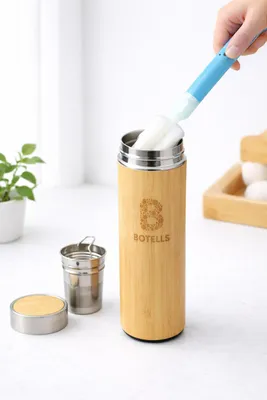 Immagine prodotto di Borraccia thermos Botells da 0,5 l in bambù/acciaio inossidabile, bollitore per tè, a doppia parete, isolamento termico/freddo, in bambù con spazzola per la pulizia