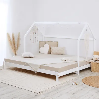 Produktbild von Homestyle4u 2591, Kinderbett 90x200cm/180x200 cm Ausziehbett Hausbett mit Lattenrost Weiß Holz Kiefer Gästebett ausziehbar