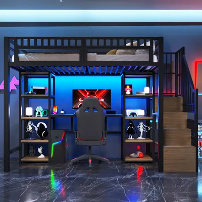 Image de OKWISH Lit Mezzanine 90x200 cm - Lit Ado Simple avec Bureau, Escalier Rangement et LED - Métal et MDF - sans Matelas - Noir