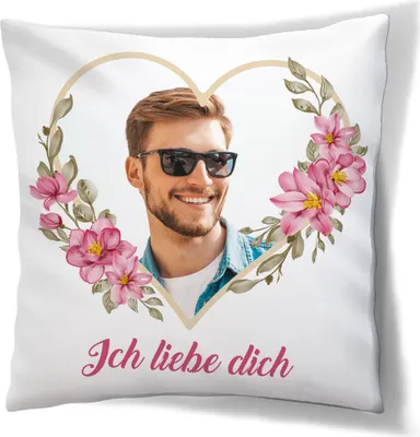 Obrázek produktu pro Personalizovaný FOTODÁREK, 45 x 45 cm, polštář, s vlastní fotografií, s výplní, dárek k Mezinárodnímu dni žen, motiv srdce a růžové květy [091]